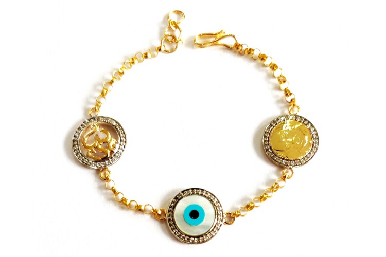 Auspicious Om, Evil Eye and Guruji Bracelet in gold with diamonds